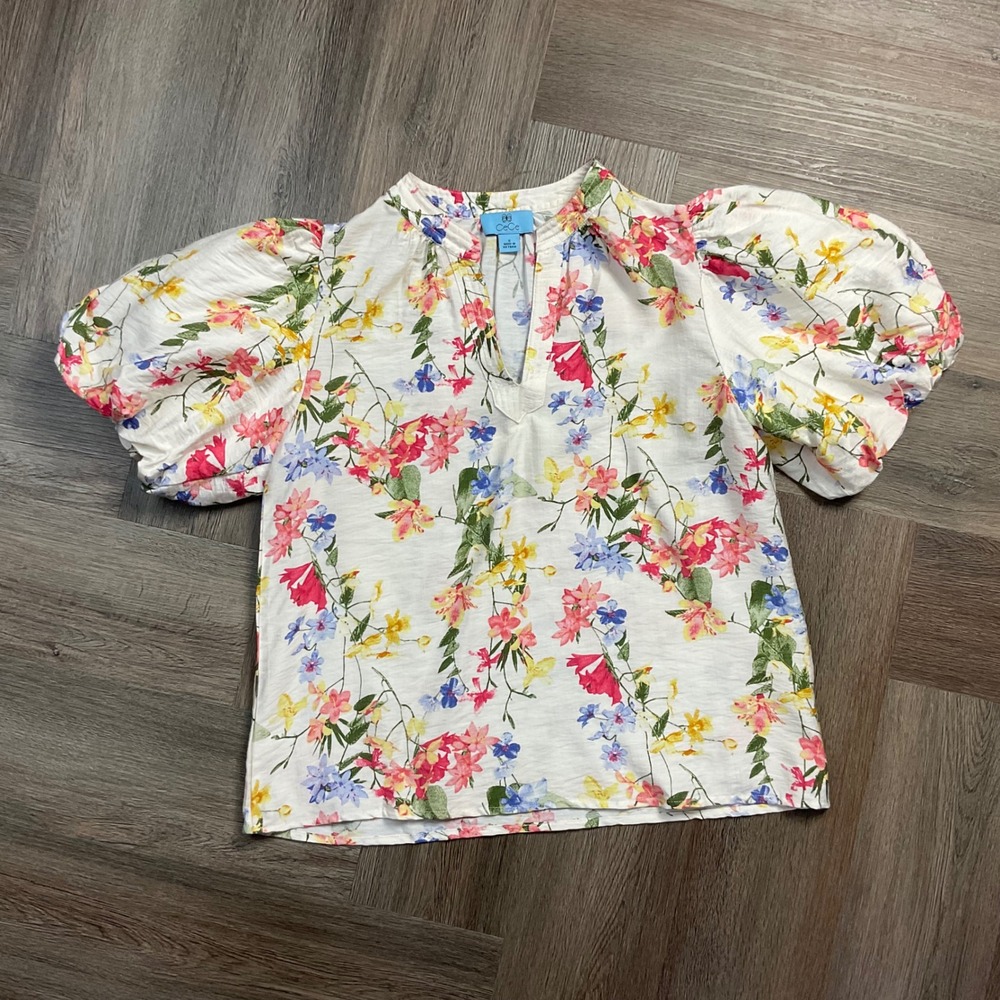 CeCe Floral Puff Short Sleeve Cottage Boho Blouse Top Women Small White Pink